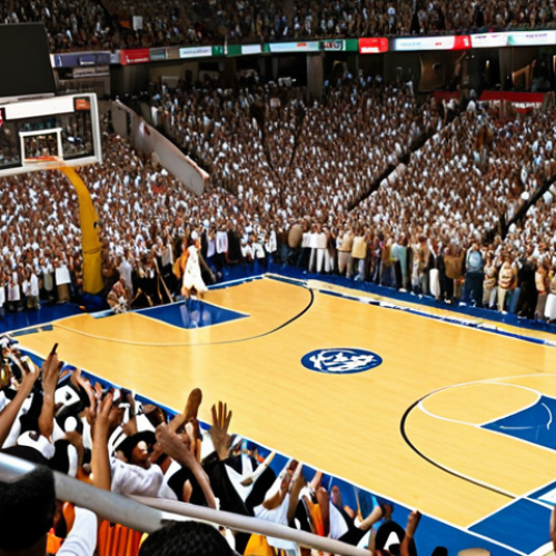Home 18 **
"Exciting basketball game atmosphere in a packed stadium. Fans are cheering wildly. Focus on the energy and anticipation of the crowd during a crucial league match. Arabic cultural elements visible in the crowd's attire."
**