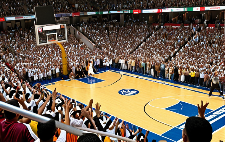 **
"Exciting basketball game atmosphere in a packed stadium. Fans are cheering wildly. Focus on the energy and anticipation of the crowd during a crucial league match. Arabic cultural elements visible in the crowd's attire."
**