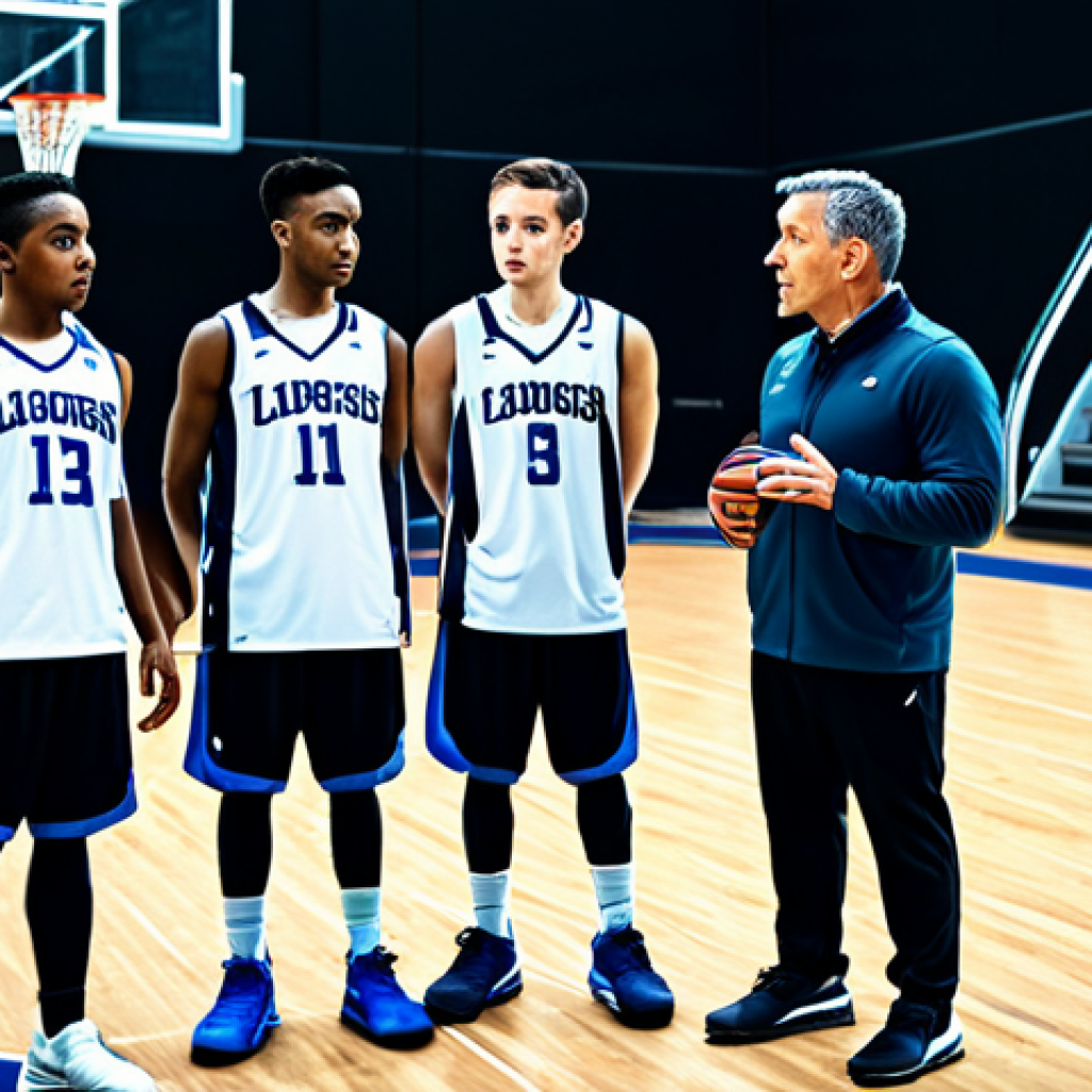 **

"A fully clothed, professional basketball coach in appropriate attire, giving instructions to a young, diverse team on a modern basketball court. The scene includes advanced technological displays showing game analytics. Safe for work, appropriate content, family-friendly, perfect anatomy, correct proportions, natural pose, well-lit gymnasium, professional photography, high quality."

**