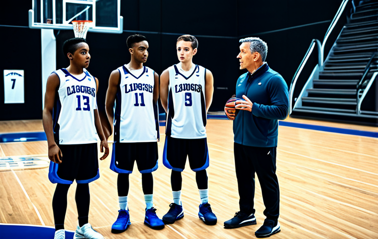**

"A fully clothed, professional basketball coach in appropriate attire, giving instructions to a young, diverse team on a modern basketball court. The scene includes advanced technological displays showing game analytics. Safe for work, appropriate content, family-friendly, perfect anatomy, correct proportions, natural pose, well-lit gymnasium, professional photography, high quality."

**