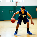 **Image Prompt 1:** "A young Arab basketball player in a fully clothed, professional-looking team uniform, dribbling a basketball on a well-lit indoor court. The background shows supportive teammates and coaches. Focus on action and determination. Safe for work, appropriate content, perfect anatomy, natural proportions, family-friendly."