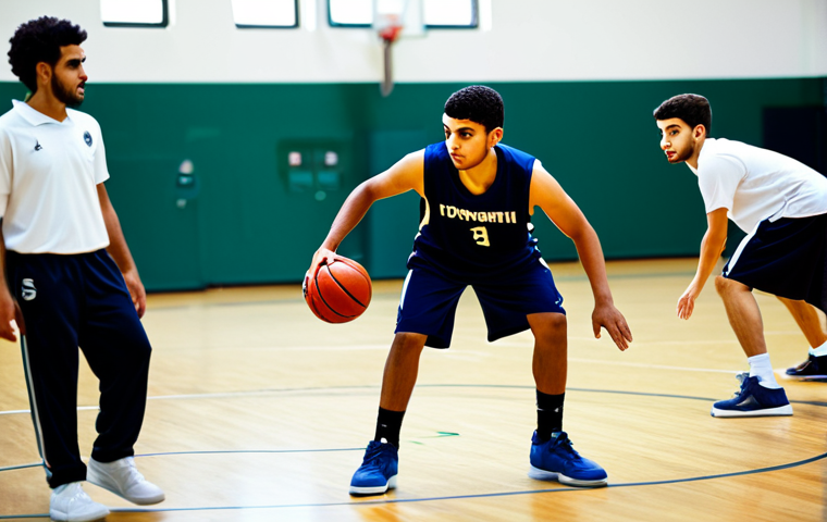 **Image Prompt 1:** "A young Arab basketball player in a fully clothed, professional-looking team uniform, dribbling a basketball on a well-lit indoor court. The background shows supportive teammates and coaches. Focus on action and determination. Safe for work, appropriate content, perfect anatomy, natural proportions, family-friendly."