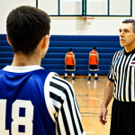 농구 경기 중 심판과의 소통법 - Respectful Communication**

"A basketball player, fully clothed in team uniform, respectfully listen...