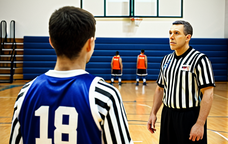 농구 경기 중 심판과의 소통법 - Respectful Communication**
"A basketball player, fully clothed in team uniform, respectfully listen...